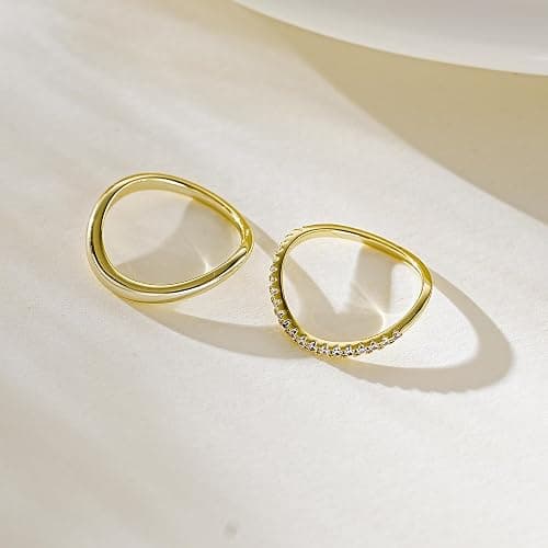 Kainier 2pairs Stacking Rings for Women 1mm 14K Gold Plated CZ V-Shaped Wavy Band Thin Pinky Thumb Stackable Ring Set Dainty Non Tarnish Comfort Fit Size 5 to 10 thumbnail 5