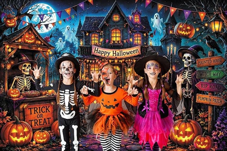 Duluxykl 10x8ft Halloween Spooky Skeleton Ghost Photography Backdrop, Horror Castle Scary Pumpkin Black Cats Background, Fall Halloween Trick or Treat Party Banner Magic Witch Wall Decor Photo Props thumbnail 3