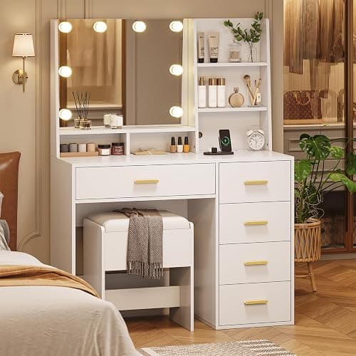 AOGLLATI Makeup Vanity Set with Lights, White Vanity Desk with Mirror and Lights, Makeup Vanity DeskTable with Cushioned Stool, Makeup Desk with Charging Station, Open Storage Shelves thumbnail 7
