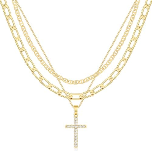 Cross Necklace for Women,Stackable Stacked Stacking Layering Layered Necklaces Dainty Gold Necklace Paperclip Box Flat Mariner Chain Necklace Cross Pendant CZ Diamond Simple Jewelry Gift - Image 1