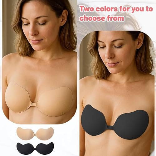 BFSYRR Stick On Bra, Strapless Push Up Bra, 4 Pairs of Black and Skin Color Sticky Bra for Women, Stick On Bra Push Up for Low Cut Dress Weddings Parties Dances thumbnail 5
