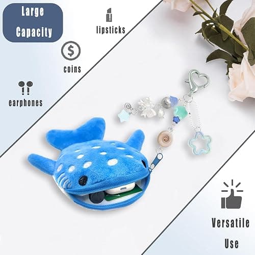 Whale Shark Coin Purse Keychain,Cute Plush Change Purse with Zipper Keychain,Kawaii Handmade Coin Pouches for Women thumbnail 6