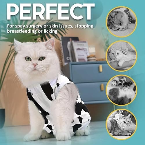 Avont Cat Recovery Suit - Kitten Onesie for Cats After Surgery | Stop Licking, Protects Stitches, S: Neck 8.5"-10.2"/Chest 11.5"-13"/Back 8", Soft & Breathable, Hook & Loop, Cow thumbnail 4