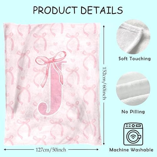 JKMBN Coquette Pink Bow Throw Blanket,Personalized Initial J Soft Fluffy Cozy Flannel Blanket,Monogrammed Gifts for Daughter Women Teen Girls,Customized Blanket for Bedding Bedroom Office,50x60 Inches thumbnail 2