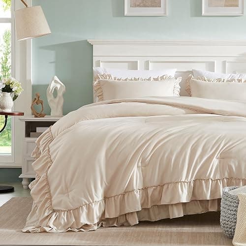 Cupocupa Beige Queen Comforter Set, 3Pcs Comforters Queen Size Ruffle Farmhouse Bedding Sets Queen with Comforter, Lightweight Soft Shabby Chic Bedding Comforter Set Fluffy for All Season - Queen - Beige thumbnail 3