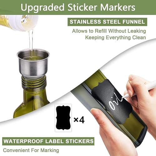 Leaflai 2 Pcs Green Glass Olive Oil Dispenser and Vinegar Dispenser Set with 2 Stainless Steel Pourers, 4 Labels, 1 Brush, 1 Funnel (500ml) for Kitchen, Cooking, Salad Dressing, Barbecue, Mixing thumbnail 7
