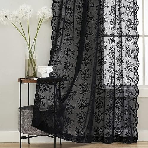 YJ YANJUN Vintage Lace Curtains 84 Inches Long-Victorian Floral Pattern Black Sheer Curtain Panels for Living Room Bedroom,Light Filtering, Gothic Witchy Halloween Drapes 2 Panels 52W x 84L thumbnail 6