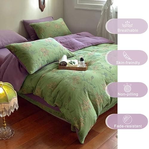VM VOUGEMARKET Linen Cotton Jacquard Duvet Cover Queen,3 Pcs Yarn-Dyed Textured Duvet Cover Set Green Purple Floral Bedding Breathable, Natural Wrinkled Look-No Comforter thumbnail 2