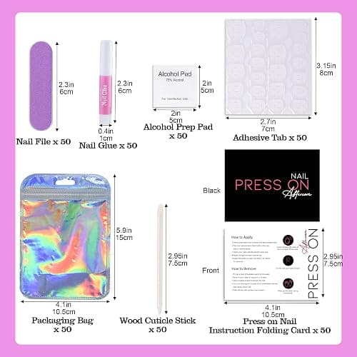 Press On Nail Tool Kit for Nail Business, Nail Prep Application Disposable Kit with Nail File, Nail Glue, Prep Pads, Instruction Card, Adhesive Nail Tabs, Wood Stick, Holographic Bag (50pcs in purple) thumbnail 3