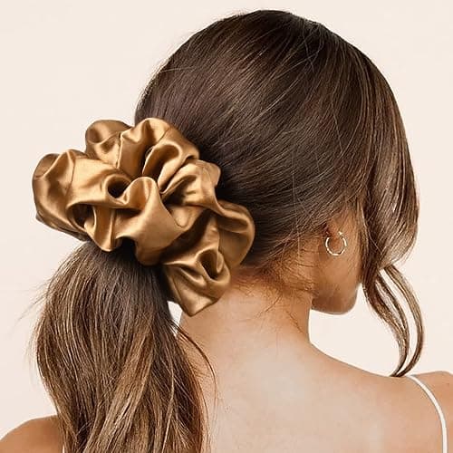 CEELGON Large Silk Satin Scrunchies for Women Big Scrunchies Jumbo Satin Hair Ties Oversized Hair Scrunchies for Thick Curly Hair Pack of 6 (Black,Champagne,Brown,Gold) thumbnail 3