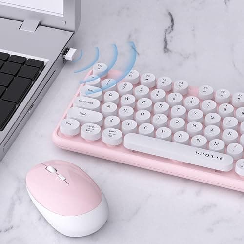 UBOTIE Colorful Computer Wireless Keyboard Mouse Combos, Typewriter Flexible Keys Office Full-Sized Keyboard, 2.4GHz Dropout-Free Connection and Optical Mouse (Pink-White) thumbnail 3