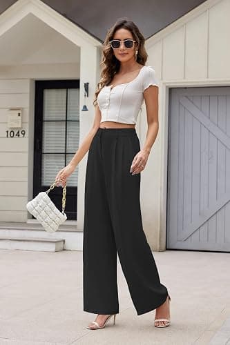 KICZOY Womens High Waist Wide Leg Dress Pants Loose Fit Back Elastic Waist Pleated Front Trousers for Work Casual thumbnail 2