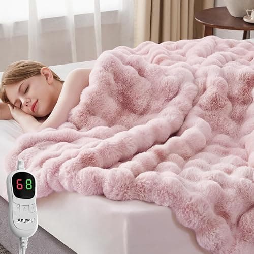 Anysay Heated Blanket Throw with 1/2/4/6/8 Hours Auto-Off 10 Heat Level, 50'' * 60'' Cozy Faux Rabbit Fur Bubble Electric Blanket with Overheat Protection(Tie-Dye Pink) thumbnail 5