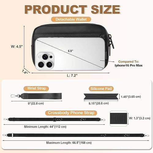 YFWE Clip and Go Strap for Phone with Wallet Crossbody, Adjustable Phone Lanyard with Detachable RFID Wristlet Wallet, Black (L) thumbnail 3