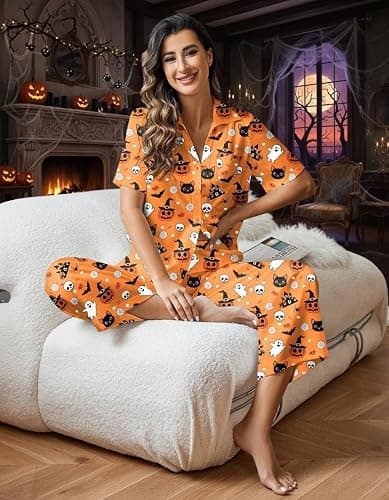 Ekouaer Silk Pajamas for Womens Set 2 Piece Fall Pjs with Pockets | Satin Short Sleeve Sleepwear, Soft Button Down Tops/ Wide Leg Pants for Lounging, Date Nights, Honeymoon, Bridal Wedding Day thumbnail 3