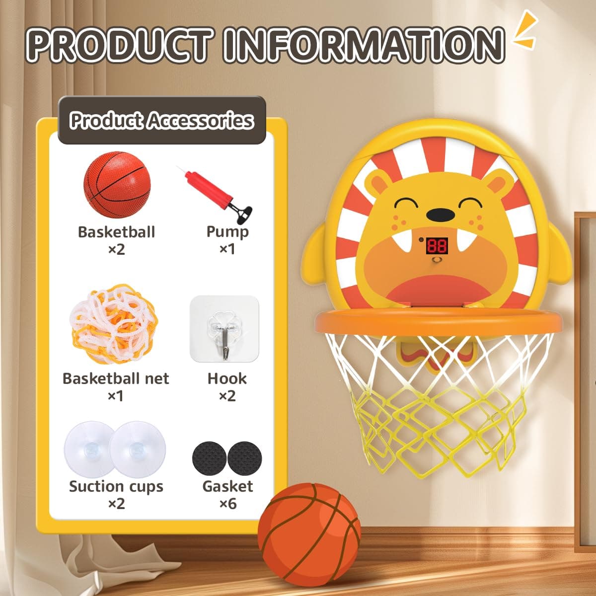 KaeKid Indoor Basketball Hoop for Kids, Lion Basketball Hoop with Scoreboard, Height Adjustable, 2 Balls & Pump, Basketball Toys for 3 4 5 6 7 8 9 10 Year Old Boys thumbnail 6