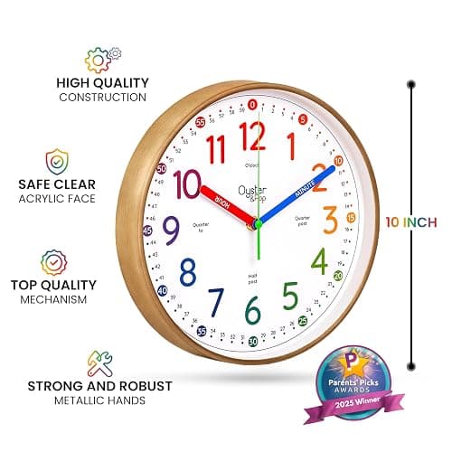 Oyster&Pop Kids Learning Wall Clock - Silent Non-Ticking Analog 10 Inch Teaching Clock for Classrooms & Bedrooms - Makes Telling Time Easy for Kids thumbnail 3