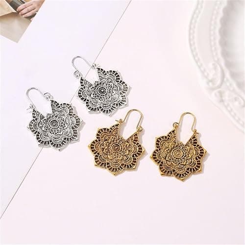 Boho Antique Carved Flower Dangle Drop Earrings for Women Vintage Retro Handmade Hollowed Antiqued Bronze Floral Shaped Geometric Gold Silver Plated Hoop Earrings for Ethnic Style Jewelry Gifts thumbnail 4