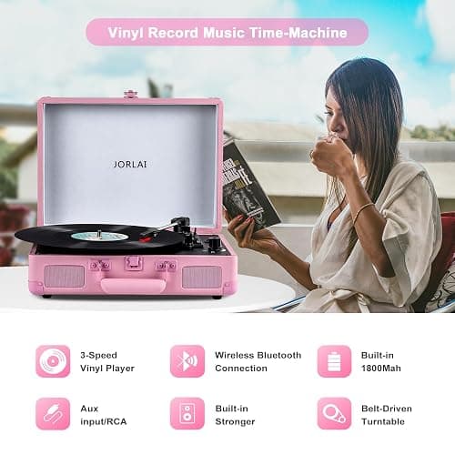 Portable Record Player with Bluetooth 3 Speed Turntable Built in Rechargeable Battery Vintage Suitcase Design with RCA Line Out and Aux in thumbnail 2