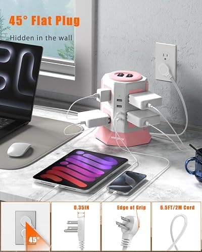 NVEESHOX Surge Protector Power Strip Tower, 10 Feet Ultra Flat Extension Cord with 12 AC Outlets 5 USB Ports(2 Type C), Desktop Charging Station, Flat Plug Outlet Extender for Home Office Dorm thumbnail 3