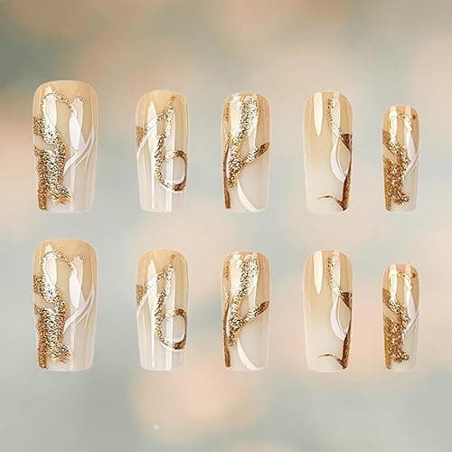 24Pcs White Curve Line Press on Nails Yellow Gradient Medium Square Fake Nails Glossy Gold Glitter Stick on Nail Acrylic Full Cover False Nail Ombre Gel Glue on Fingernails for Holiday Manicure Art thumbnail 8