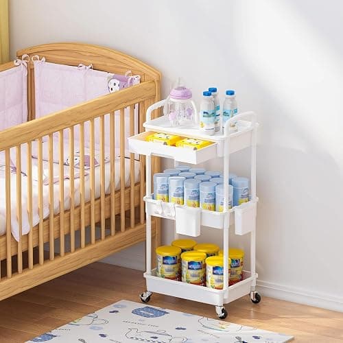 LLMRR 3 Tier Rolling Utility Cart with Drawer, Plastic Storage Organizer Rolling Carts with Wheels Handles Hanging Cups Hooks for Office, Bathroom, Kitchen,Craft Art Room (White) thumbnail 7