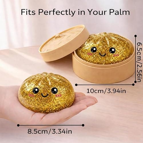 Glitter Dumpling Squishies Stress Relief Toy, Mystery Dumplings Jumbo Squishy Toy with Steamer Box, Sensory Fidget Toy for Anxiety Relief, Easter & Holiday Basket Stuffer(Golden) thumbnail 2