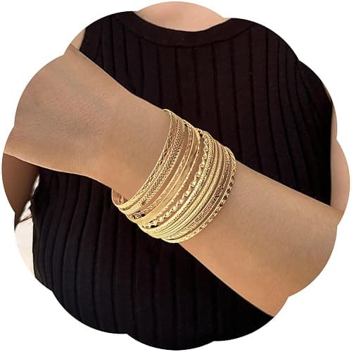 10 Pack Gold Bangles for Women,Stackable Bracelet Set,Stylish Boho Gold Bracelet Stack,Women Jewellery, Diameter: 2.6-2.7in/6.8-7cm - Image 1