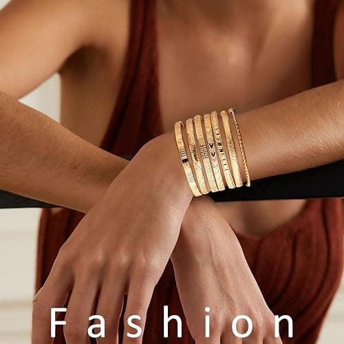 Gold Bangle Bracelets for Women, 14k Gold Plated Multi Layer Cuff Bangles Set, Stackable Boho Non Tarnish Elegance Smooth Bangle Jewelry Gifts for Her thumbnail 2