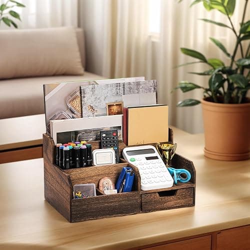 Pumtus Brown Wooden Mail Organizer, Desk Organizer with 7 Compartments and Drawer, Rustic Mail Sorter with Pen Holder, Tabletop Mail Basket, Office Accessories Holder for Pen File Letter Document thumbnail 6