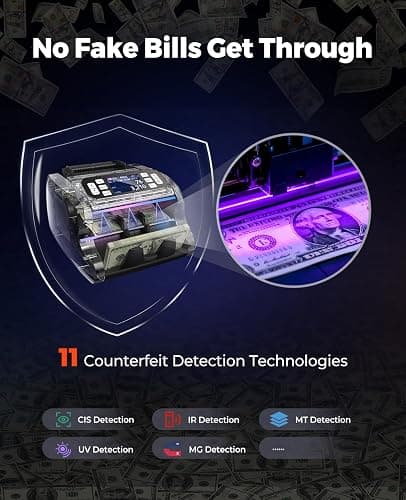 MUNBYN IMC22 Money Counter Machine Mixed Denomination, Dual-Display, CIS/UV/IR/MG Counterfeit Detection Bill Counter, USD, MXN, EUR, CAD Cash Counter for Business, Merchant, 2Y Protect (Black) thumbnail 5