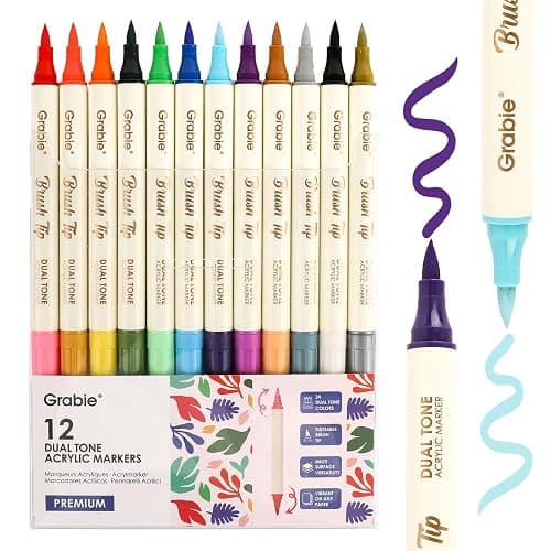 Grabie 24 Colors Acrylic Paint Markers, 12 Pack Dual Tip Soft Brush Acrylic Markers, Water-Based Paint Pens for Paper, Rock Painting, Wood, Glass, Canvas, DIY Craft Art Supplies for Adult & Kids thumbnail 8
