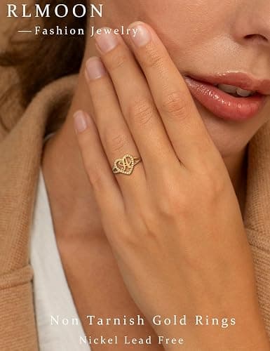 RLMOON Gold Initial Rings for Women Vintage Initial Heart Love Rings Non Tarnish 14K Gold Plated Personalized Carved Letter Statement Stacking Rings Size 6-10 Jewelry Gifts - Gold C - 7 thumbnail 3