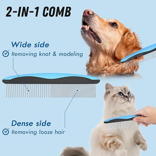 Docrok Pet Grooming Combo - Blue Deshedding Brush with Metal Comb for Detangling and Dematting Long, Matted Fur on Cats and Dogs thumbnail 3