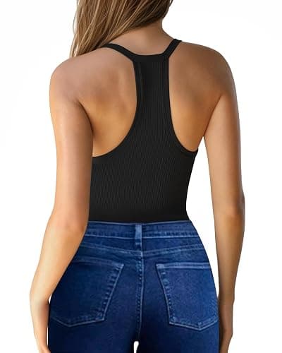 MANGOPOP Women's V Neck Tank Top Bodysuits Racerback Slim Fit Sleeveless Body suit Sexy Spaghetti Strap Ribbed Tops thumbnail 4