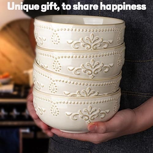 Artena Soup Bowls 32 OZ, Cereal Bowls Set of 4, Embossment Ceramic Ramen Bowls, 6.3 Inch White Salad Bowls, Large Dinner Bowls for Pho, Noodle, Pasta, Snacks, Dishwasher Microwave Safe, Damask Floral thumbnail 8