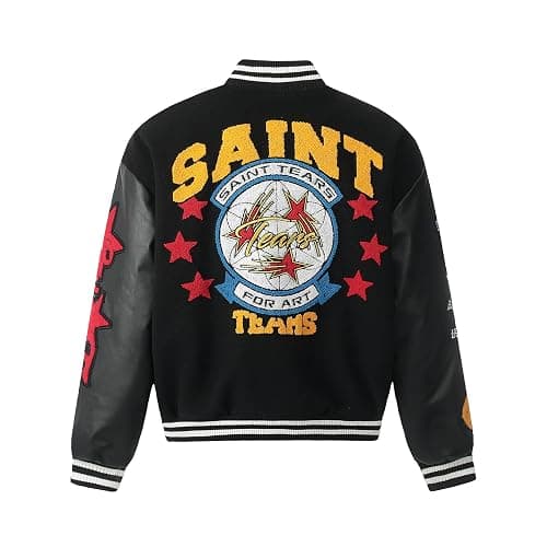Arnodefrance Men Saint Savior Graphic Print Varsity Jacket Vintage Baseball Jackets streetwear Coats - Large - Black thumbnail 2