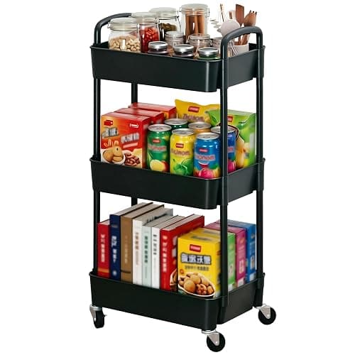 Sywhitta 3-Tier Plastic Rolling Utility Cart with Handle, Multi-Functional Storage Trolley for Office, Living Room, Kitchen, Movable Storage Organizer with Wheels, Black - Image 1