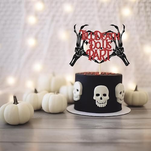 Till Death Do Us Part Cake Topper, Gothic Halloween Wedding Decorations, Bride or Die, Halloween Wedding Engagement Bachelorette Party Decorations, Black and Red Glitter thumbnail 7
