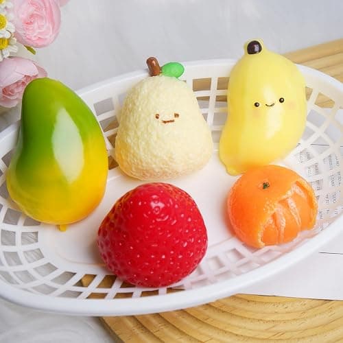 5 Pcs Handmade Fruit Taba Squishies Toys, Stress Relief Squishies Fidget Toys Include Strawberry, Banana, Mango for Party Favors OPP Packaging - Image 1
