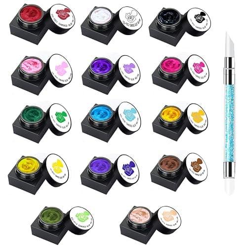 14 Colors Sculpture Painting Nail Gel Set, 3D Nail Carved Gel Sculpture Creative DIY Decoration Painting Glue Soak Off UV, with 1 Carved Painting Pen (14PCS) - Image 1