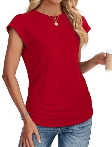 SAMPEEL Womens Summer Tops Trendy 2025 Ruched Cap Short Sleeve Tshirts Shirts Crew Neck T Shirts Fashion thumbnail 3