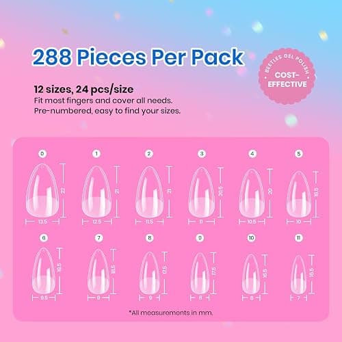 Beetles Short Almond Nail Tips: 12 Sizes 288 PCS Half Matte Full Cover Gel Tips Clear Acrylic Gel Nail Tips Almond Shape for DIY Extension thumbnail 7