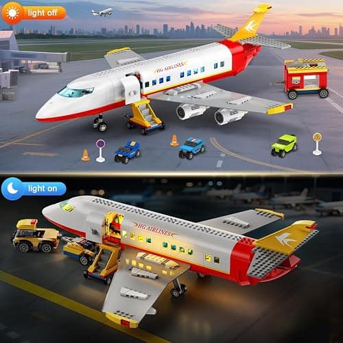 HOGOKIDS 2 Style City Airplane Building Set with LED Light - Large Plane Building Blocks Switch Passenger & Cargo Projectile Toy with 3 Cars, Planes Model Toys Gifts for Adults Boys Girls Age 6-12+ thumbnail 7
