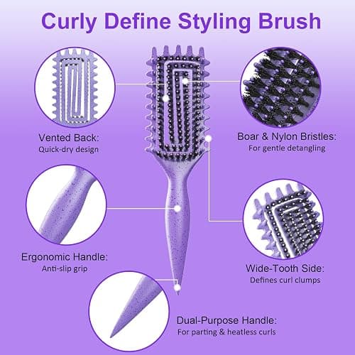 Curly Hair Brush, Curl Defining Brush with Soft Boar Bristles Detangling Tangled Glides, Wide-Teeth Design Effortlessly Shaping & Defining Curls, Curling Definer for Wet & Dry Hair (Purple) thumbnail 2