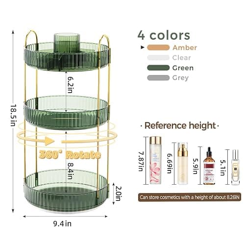 360° Rotating Makeup Organizer, Upgraded 3 Tier Skincare Perfume Organizers for Women, Bathroom Organizer Countertop, Clear Cosmetic Dresser Organizer with Makeup Brush Holder, Sink&Counter (Green) thumbnail 3