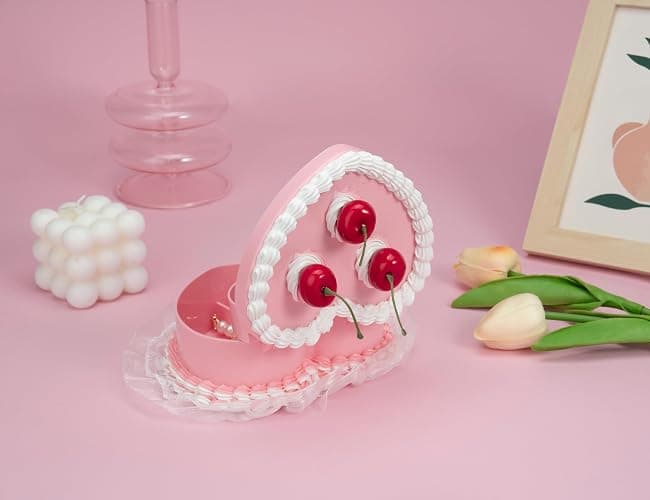 Stylor Coquette Room Decor Aesthetic, Heart Shaped Jewelry Box for Girls, Fake Cherry Pink Cake, Cute Kawaii Decorative Storage Accessories. thumbnail 6