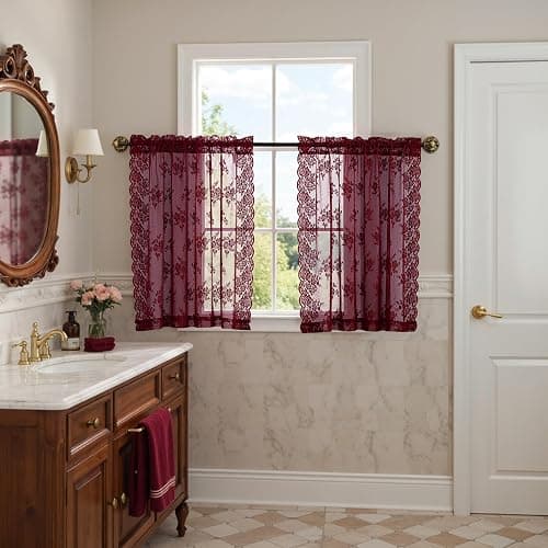 Kotile Burgundy Lace Curtains Short 30 Inch Length 2 Panels Cottagecore Floral Maroon Sheer Kitchen Curtains Over Sink, Rod Pocket Privacy Light Filtering Window Lace Cafe Curtain, 42 x 30 Inch thumbnail 5