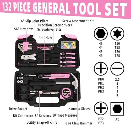 132 Piece Pink Tool Set, Womens Tool Kit for House, All Purpose Tool Kit for Home & Women, Small Home Repair Tool Set with Plastic Storage Toolbox for Garage, Office, College Dormitory, DIY Projects thumbnail 4