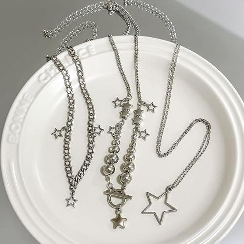 2 Pieces Silver Star Necklace Y2K Jewelry Set Grunge Necklace Kawaii Cute Necklaces Aesthetic Vintage Emo Jewelry - Silver 1 thumbnail 5
